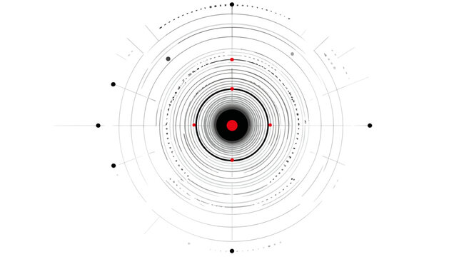 Concentric Circles of Technology: An abstract digital design featuring intricate concentric circles and a central red glowing dot, evoking a sense of futuristic technology and data flow.