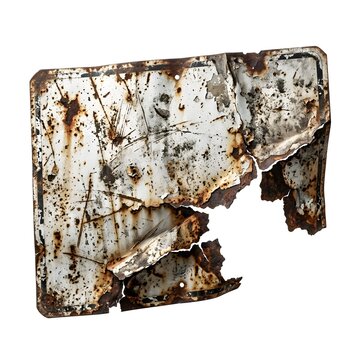 A heavily weathered and rusted rectangular metal sign isolated on white background