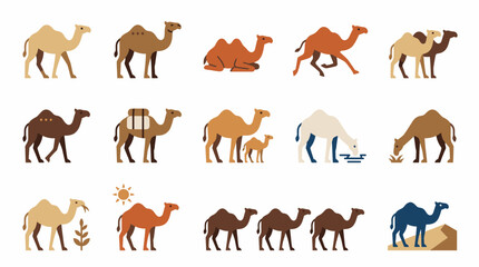 Obraz premium Set of flat camel icons showing various desert animal poses and activity