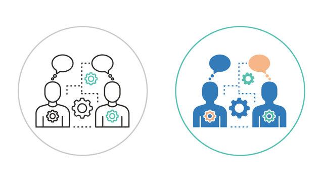 Two business partners brainstorming and sharing ideas with gear icons representing technical thinking and collaborative communication