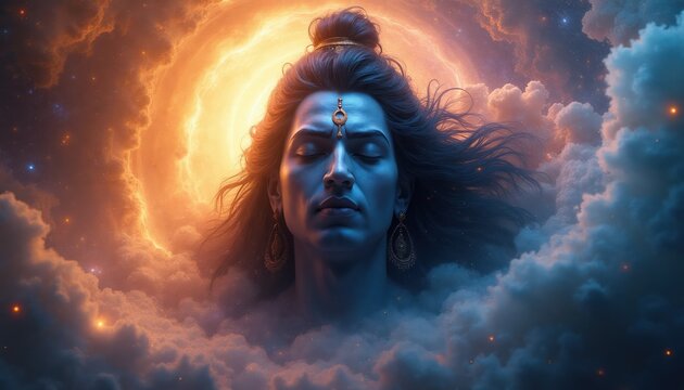 Lord Shiva face emerges from cosmic clouds and divine light. Blue faced deity meditates in celestial sky. Spiritual representation of Hindu god.