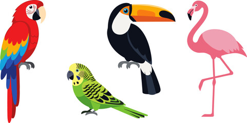 Fototapeta premium Tropical Exotic Birds Vector Icon Set Featuring Colorful Scarlet Macaw Toucan Pink Flamingo and Green Budgerigar Parakeet for Wildlife and Nature Designs