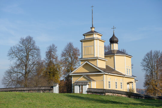 The Church of St. George the Victorious on a sunny October day. Trigorskoye, Pushkinskie Gory, Pskov oblast, Russia