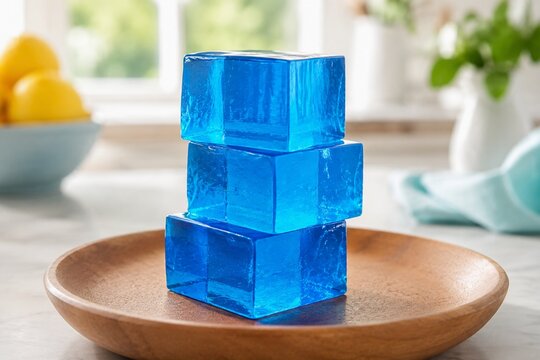 Blue Jelly Cubes Stacked on Wooden Plate