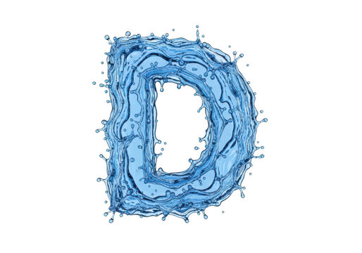 Capital letter d formed by splashing liquid blue water with droplets isolated on a transparent background
