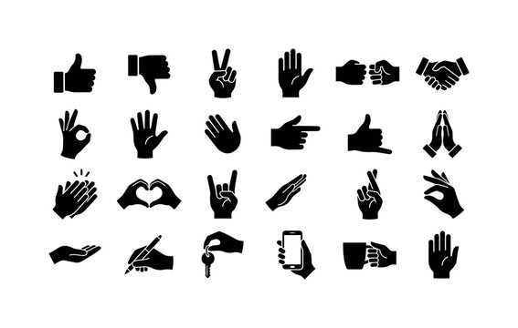 Gesture Signal Glyphs. Solid glyph icon set of Hand Gesture: thumbs up hand, thumbs down hand, peace sign hand, high five hand, fist bump hands, handshake hands, ok sign hand, raised palm, waving