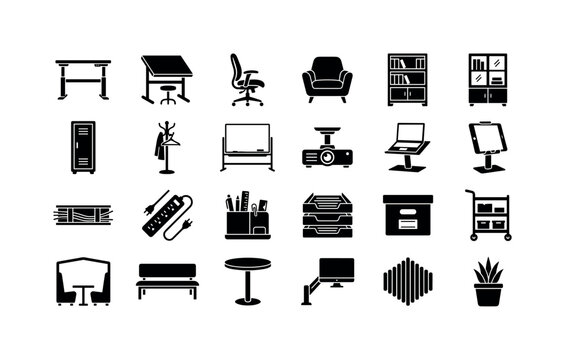 Office Layout Pieces. Solid glyph icon set of workspace with desk shelf chair objects: standing desk, drafting table, ergonomic chair, lounge chair, bookcase, display cabinet, locker, coat rack,