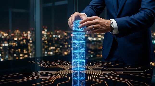 Smart city infrastructure concept with businessman stacking glowing digital circuit cubes on tech table over night skyline