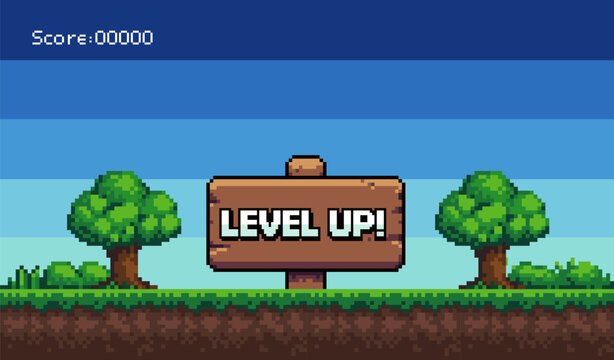 Pixel art game level up signboard with score text and forest background. Retro vector illustration