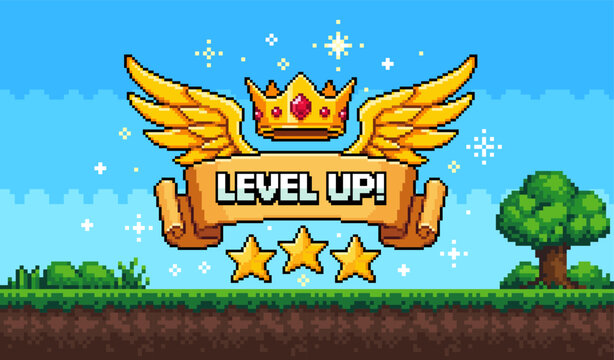 Pixel art game achievement banner with level up text, winged crown and stars. Retro vector illustration