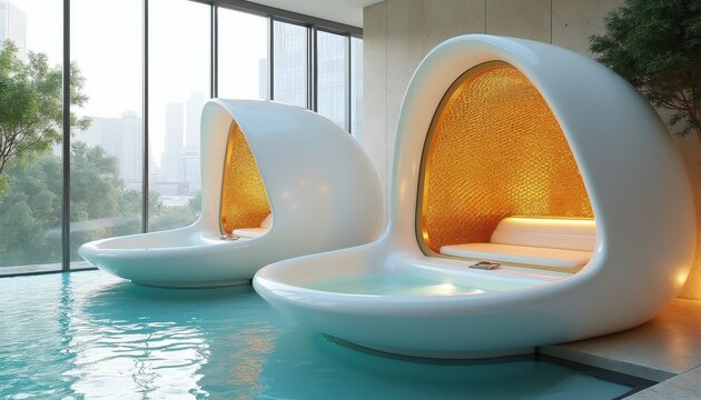 Futuristic spa pods with golden interiors float in pool. Modern leisure capsules offer relaxation by large window with city view. Serene luxury wellness escape ambiance.