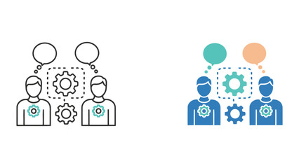 Fototapeta premium Internal team development and skill optimization icon set featuring human figures with gears and speech bubbles for corporate training and communication