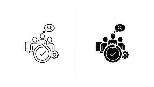 Business team collaborative research and project management icon set featuring outline and solid styles for professional workflow visualization and corporate strategy presentation
