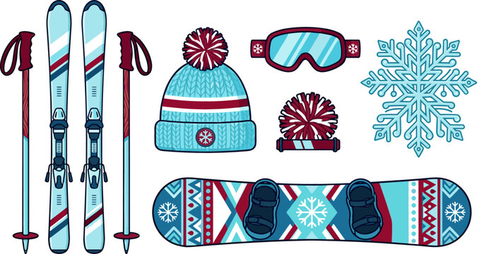Winter Sports Equipment Vector Set Featuring Ski Boards, Snowboard, Goggles, Beanie Hat, and Snowflake Elements for Outdoor Vacation Designs