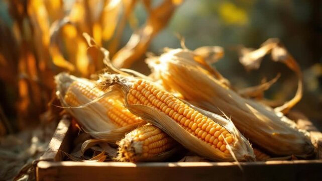 Rustic autumn harvest: fresh corn cobs in wooden crate with sunlight