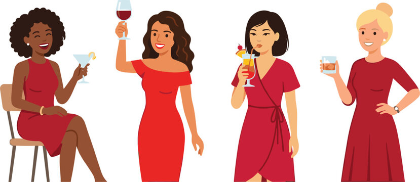 Diverse Group of Happy Women in Red Dresses Drinking Cocktails and Wine at a Party Vector Illustration Set