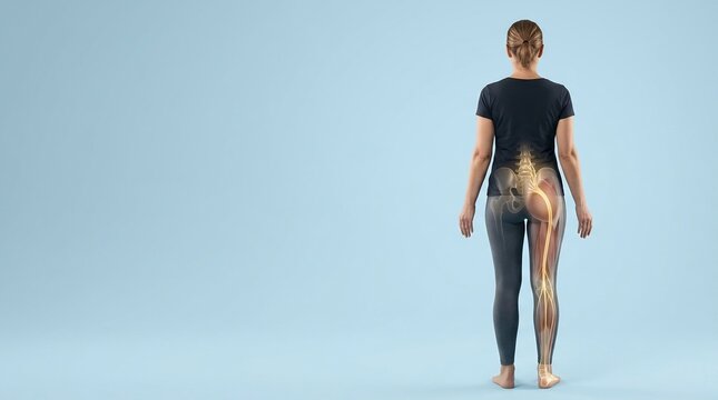 3D medical illustration of a woman from behind showing highlighted sciatic nerve and pelvic bone structure