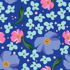 Fototapeta premium Seamless floral pattern, cute ditsy print with small pink flowers, leaves on purple background. Pretty botanical design for fabric, paper and other surfaces. Vector illustration.