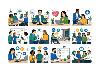Fototapeta premium Inclusive Workplace Culture. Diversity, employee well-being, equity, leadership, team collaboration, business culture, belonging, and inclusive management. 12 minimalist editorial vector scenes:
