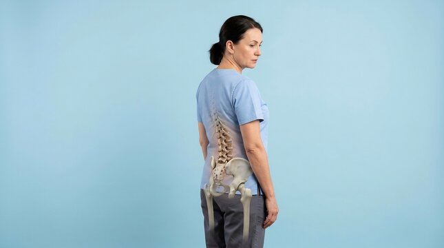 Adult woman standing in profile with a digital overlay of the human lumbar spine and pelvic bone structure for medical illustration
