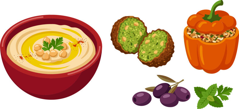 Middle Eastern Mezze and Arabic Cuisine Vector Food Icon Set Featuring Hummus Bowl, Crispy Falafel, Stuffed Bell Pepper, Olives, and Herbs
