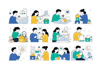 Fototapeta premium Baby Care Essentials. Baby care, newborn items, cradle, bottle, pacifier, diaper, toy blocks, parent support, gentle routine, and early childhood comfort. 12 minimalist editorial vector scenes: a