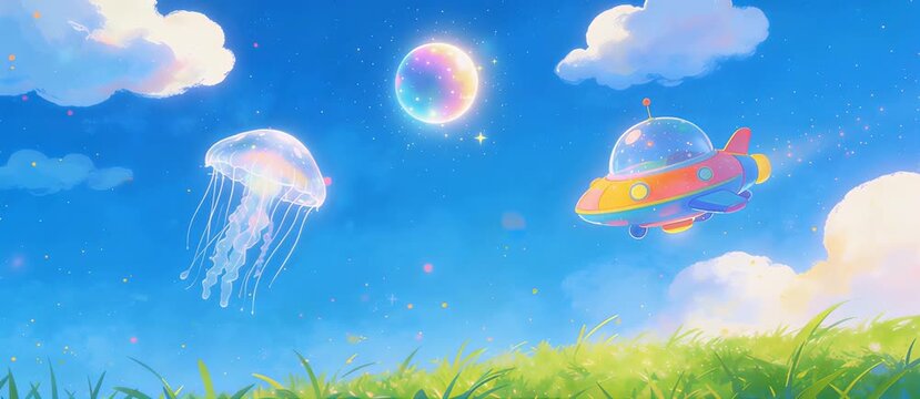 Whimsical Animated Sky with Floating Jellyfish and Fantasy Creatures