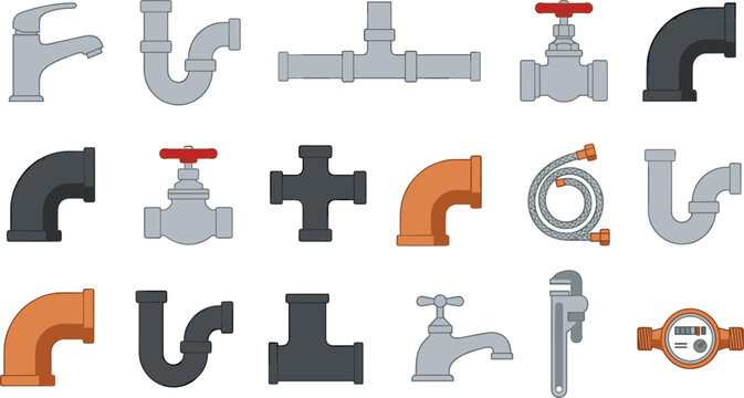 Plumbing and Pipe Fitting Vector Icon Set with Faucets Valves Tubes Wrench and Water Meter for Hardware Graphic Designs