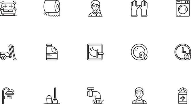 Housekeeping Staff and Domestic Chores Line Art Icon Set Featuring Maids, Window Washing, Dishwashing, Rubber Gloves, and Toilet Brushes for Residential Cleaning and Hygiene Concepts