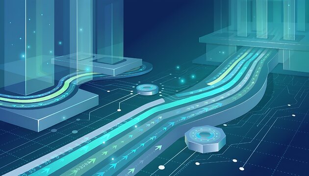 Isometric data transfer pipeline with arrow stream and circuit board
