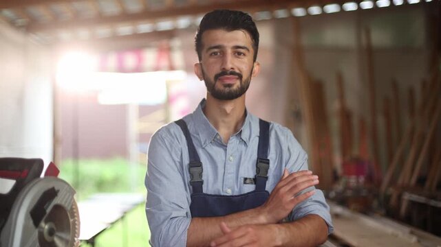 A man in a blue apron is working in a workshop