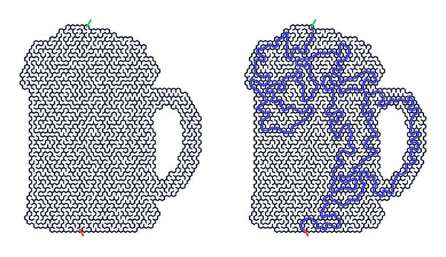 Beer mug shaped maze puzzle with highlighted solution path