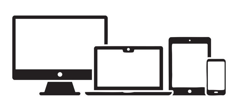 Computer Monitor Icon Set with Tablet and Smartphone Devices in Clean Flat Vector Style on White Background
