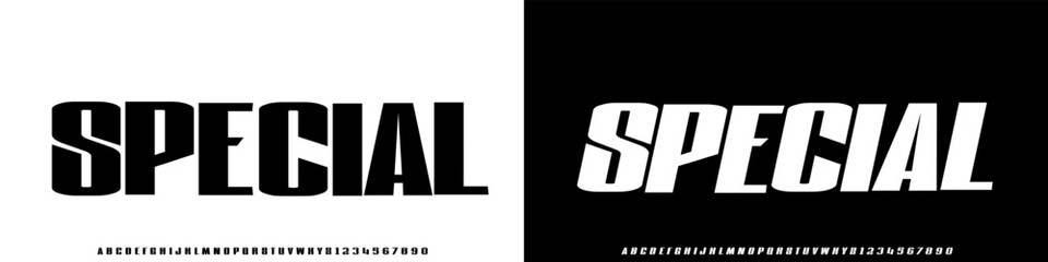 Special Bold Condensed Font italic font, sans serif font with strong style, perfect for headlines, posters, and modern branding. Uppercase and number © siti