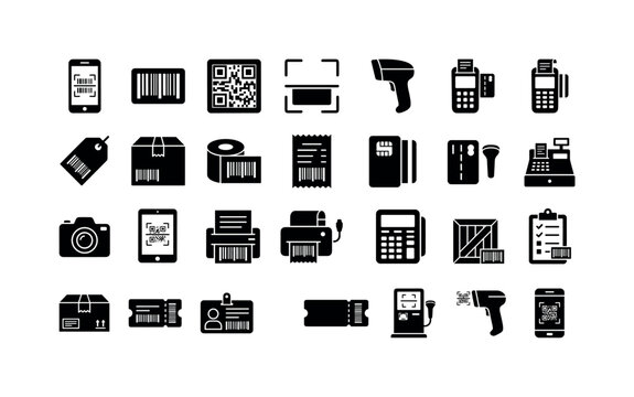 Code Scan Toolkit. Solid glyph icon set of QR and barcode scanning: smartphone scanner, barcode label, square code tile, scanner frame, handheld scanner, payment terminal, shopping tag, product box,