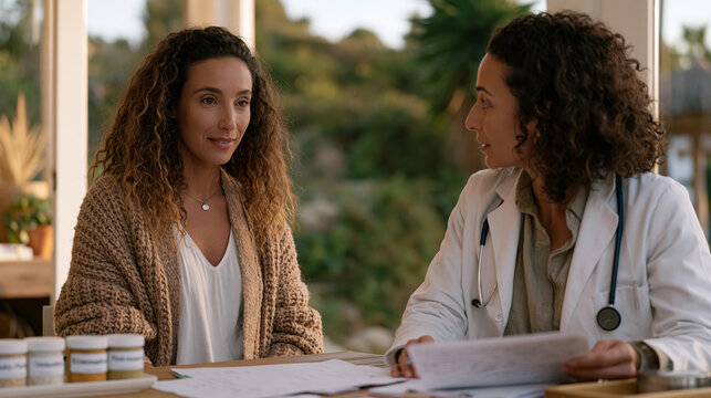 Integrative medicine practitioner in natural light filled clinic office reviews exhaustive handwritten food and reaction diary with patient seated across paper strewn desk, small