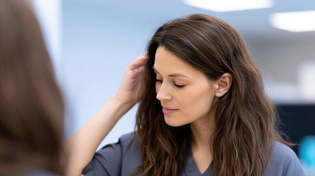 Anonymous patient evaluating improved hair growth and restored scalp coverage after treatment in a modern trichology clinic