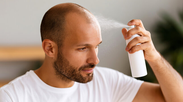 Close-up of Bald Man Applying Hair Growth Spray to Scalp for Hair Loss Treatment and Prevention