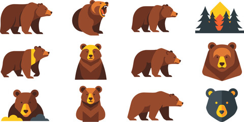 Fototapeta premium Bear Wildlife Animal and Forest Nature Collection Vector Set Isolated on White Background