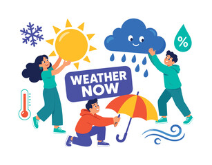 Obraz premium Weather Climate Seasons Banner with 3 expressive stylized human characters holding an oversized sun and giant rain cloud, small snowflake, thermometer, umbrella, humidity drop, and wind swirl filling