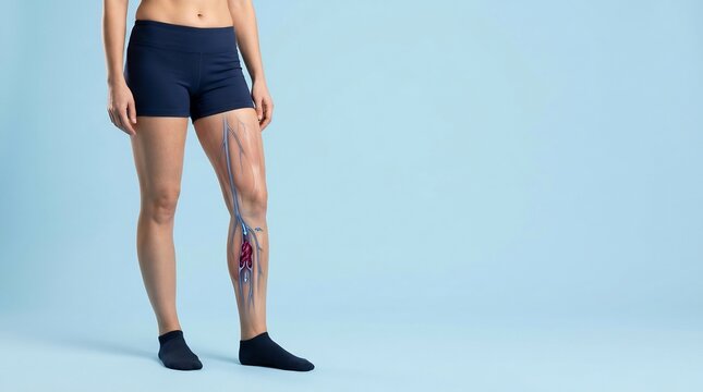 Anatomical illustration of human legs showing venous system with a blood clot blockage in the calf area