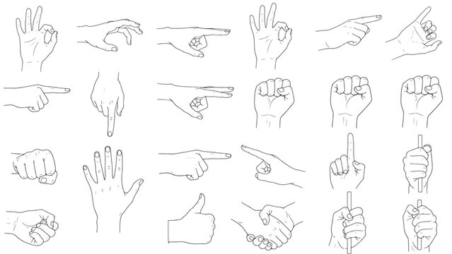 Hand Gestures Set with Line-Art Thumbs Up, Pointing, Fist, and Victory Icons in Simple Monochrome Style