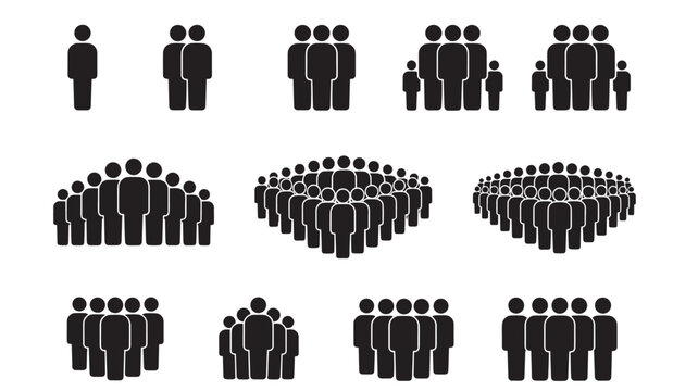 People Group Icons Illustration with Black Silhouettes Showing Different Team Sizes and Formations Featuring Human Silhouette, Crowd, Social