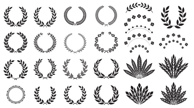 Laurel Wreath and Floral Frame Icons Set with Black Leaf Branches and Dotted Ornament Circles Featuring Ornamental Border, Decorative Icon, Botanical