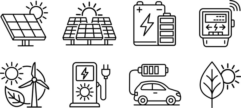 Set of renewable energy and sustainable technology line icons