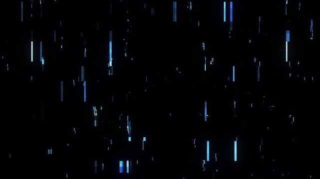 Abstract digital glitch effect with vertical light streaks and data corruption patterns.