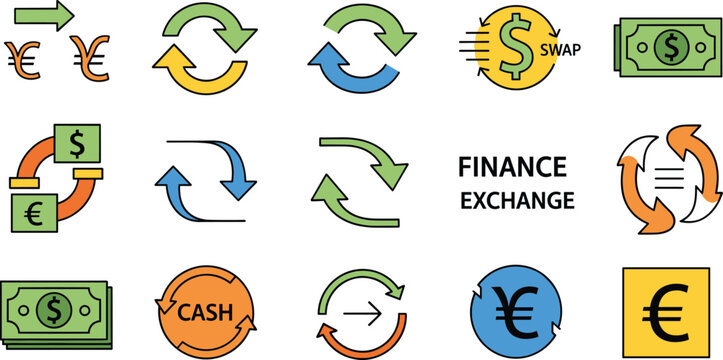 Currency Exchange and Financial Transaction Icon Collection Vector Set Isolated on White Background