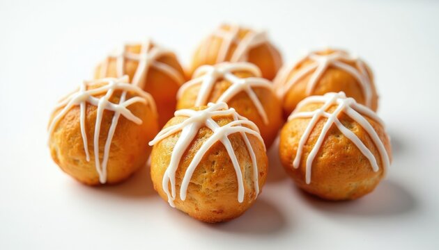 Seven golden brown round pastries with white icing drizzle on clean white surface. These sweet baked goods are perfect for Easter celebrations or bakery promotions. They look delicious and appealing.