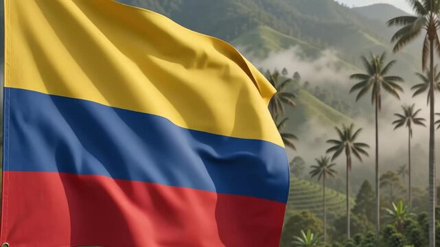 Colombia flag, cocora valley, misty mountains, wax palm trees  ideal for travel brochures, nature magazines, and tourism websites.