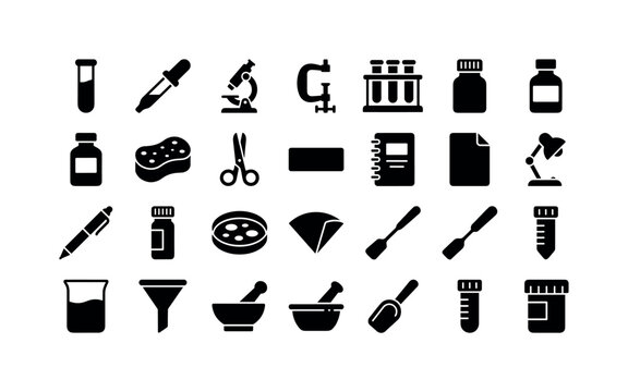 Lab Sample Bench. Solid glyph icon set of science laboratory tools: test tube, pipette, microscope, clamp, test tube rack, flask, reagent bottle, sponge, scissors, lab notebook, file sheet, desk lamp,